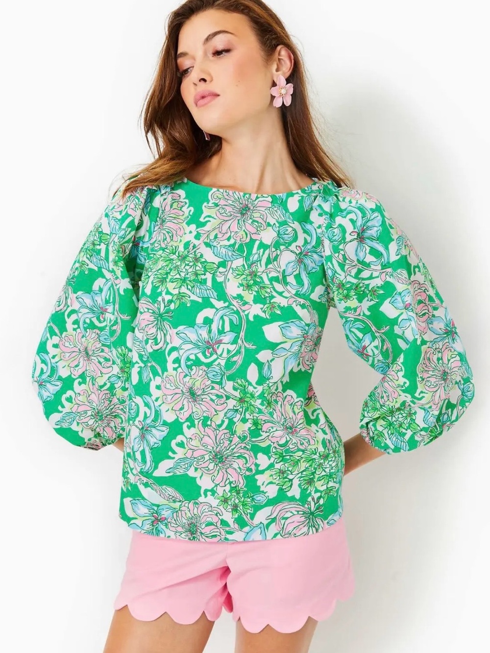 Lilly Pulitzer Barbara Top Spearmint Blossom Views Floral Cotton Size 4 EUC